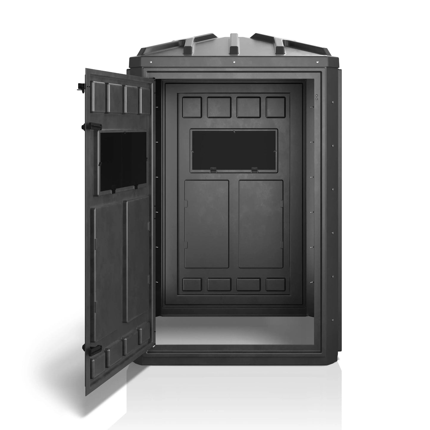 Booner 4-Panel deer blind shown with front door open, highlighting easy entry, quiet window placement, and a spacious 48 x 48 inch interior.