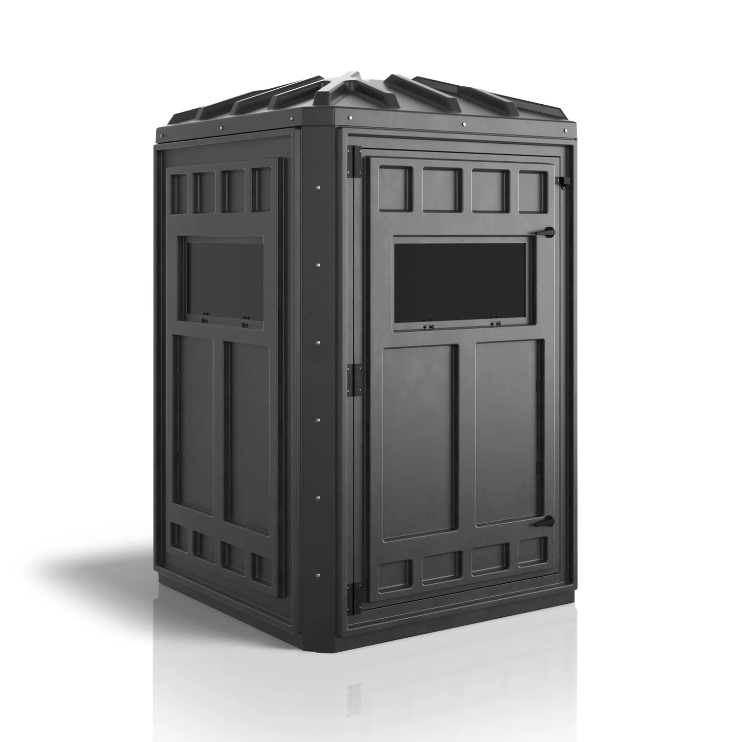 Booner 4-Panel deer blind shown from the left side, featuring a compact 48 x 48 inch footprint, silent windows, and rugged all-weather durability.