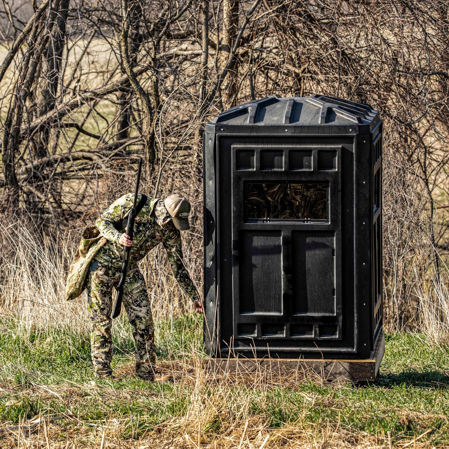 Booner 4-Panel deer blind shown in a real hunting setup, offering a spacious 48x48 interior, durable construction, and proven field performance.