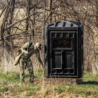 Booner 4-Panel deer blind shown in a real hunting setup, offering a spacious 48x48 interior, durable construction, and proven field performance.