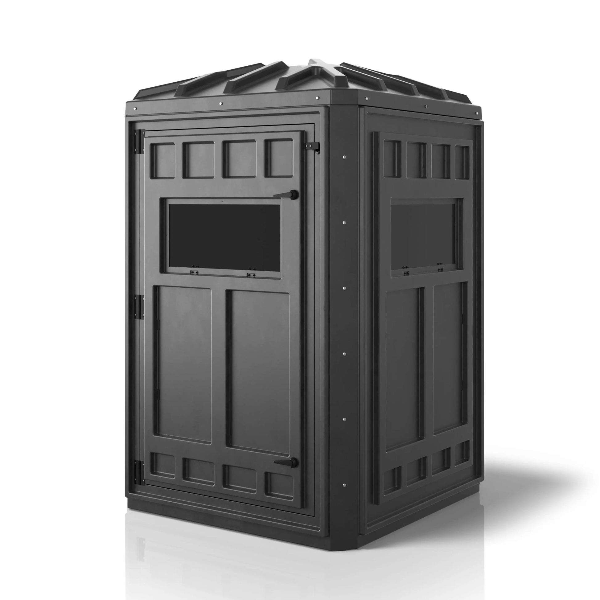 Booner 4-Panel deer blind shown from the right side, featuring a rugged 48 x 48 inch design, quiet windows, and durable all-weather construction.