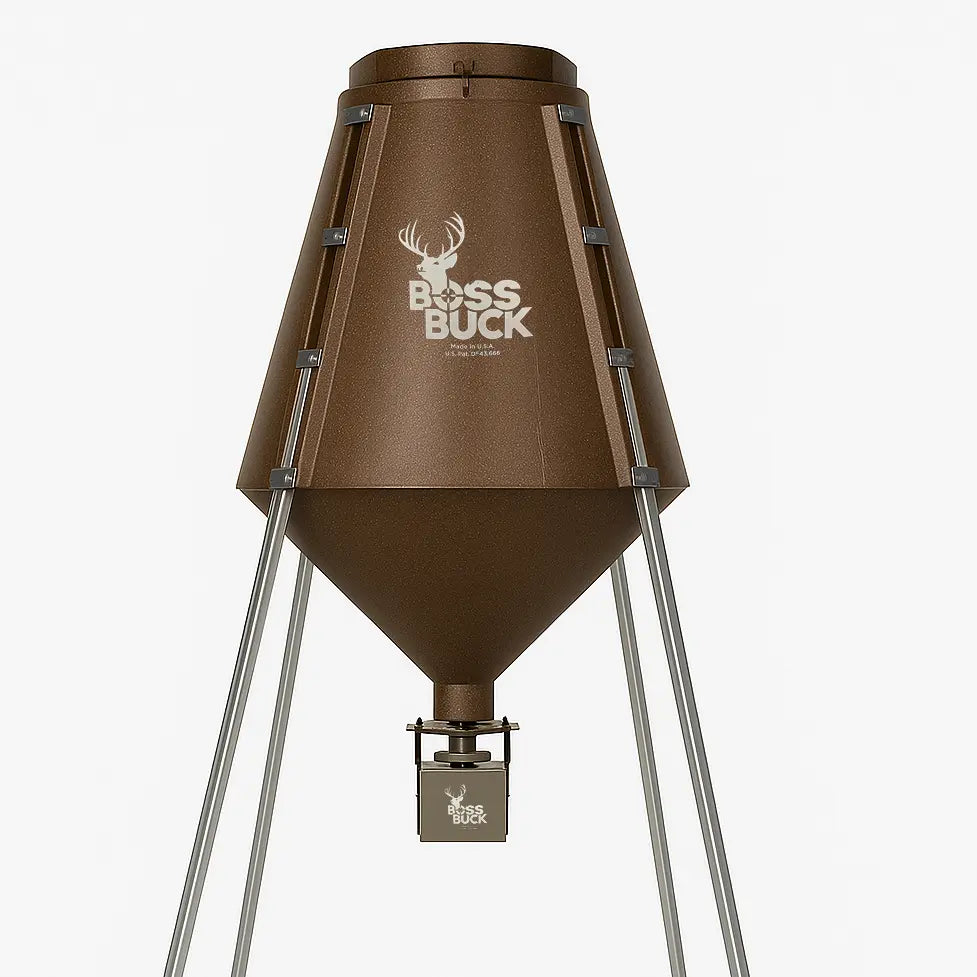 Boss Buck 1200 lb Automatic Deer Feeder on white background — large brown rotomolded hopper on four steel legs with 12-volt spinner system and digital timer for high-capacity deer feeding.