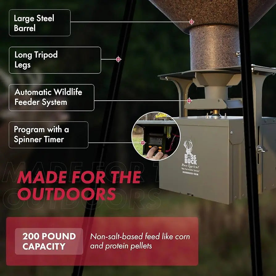 Boss Buck 200 lb Automatic Deer Feeder with “Made for the Hunt” promotional overlay — durable tripod feeder with spinner head and timer for consistent wildlife feeding.