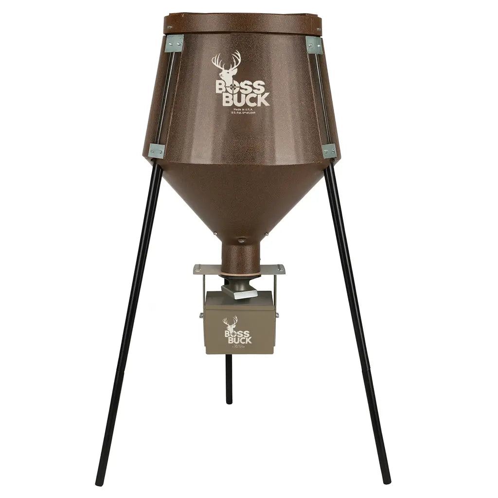Boss Buck 200 lb Automatic Deer Feeder front angle — rotomolded brown plastic feeder with three-leg steel stand and automatic spinner system for timed corn distribution.