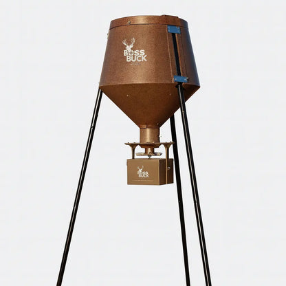 Boss Buck 200 lb Automatic Deer Feeder side view — brown rotomolded gravity hopper with 12-volt digital timer, steel tripod legs, and weather-resistant spinner head.