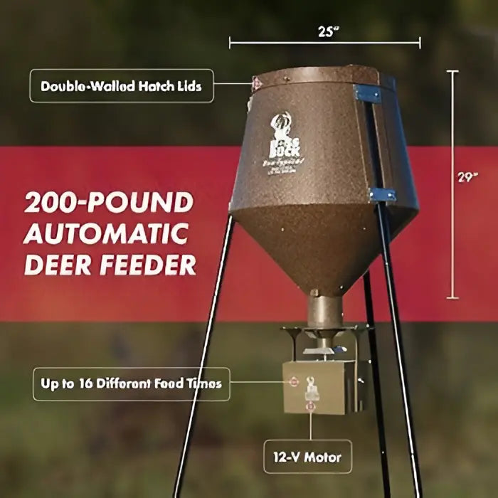 Boss Buck 200 lb Automatic Deer Feeder in outdoor setting with red graphic overlay — brown rotomolded plastic feeder on tripod stand featuring spinner system and 12-volt timer.