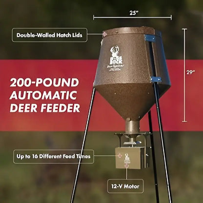 Boss Buck 200 lb Automatic Deer Feeder in outdoor setting with red graphic overlay — brown rotomolded plastic feeder on tripod stand featuring spinner system and 12-volt timer.