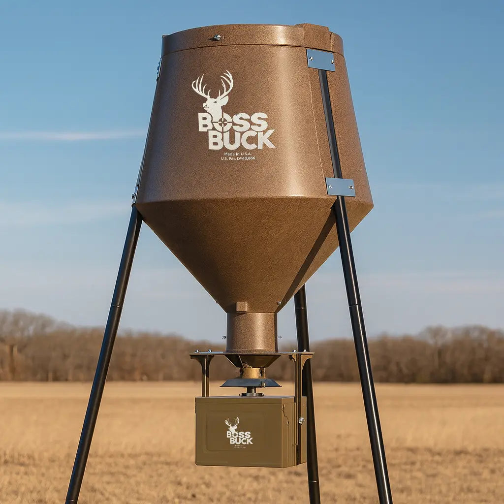 Boss Buck 200 lb Automatic Deer Feeder in field landscape — compact brown rotomolded feeder with tripod base and 12-volt spinner for timed corn distribution to deer.