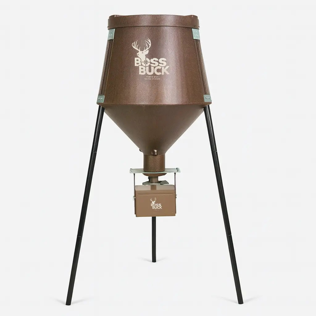 Boss Buck 200 lb Automatic Deer Feeder on white background — brown rotomolded hopper on tripod stand with 12-volt digital timer and spinner system for precise deer feeding.