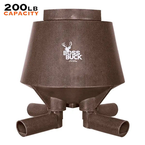 Boss Buck 200lb Post-Mounted Deer Feeder shown on white background — compact gravity feeder with ventilated removable lid, fits 4x4 post for easy installation.