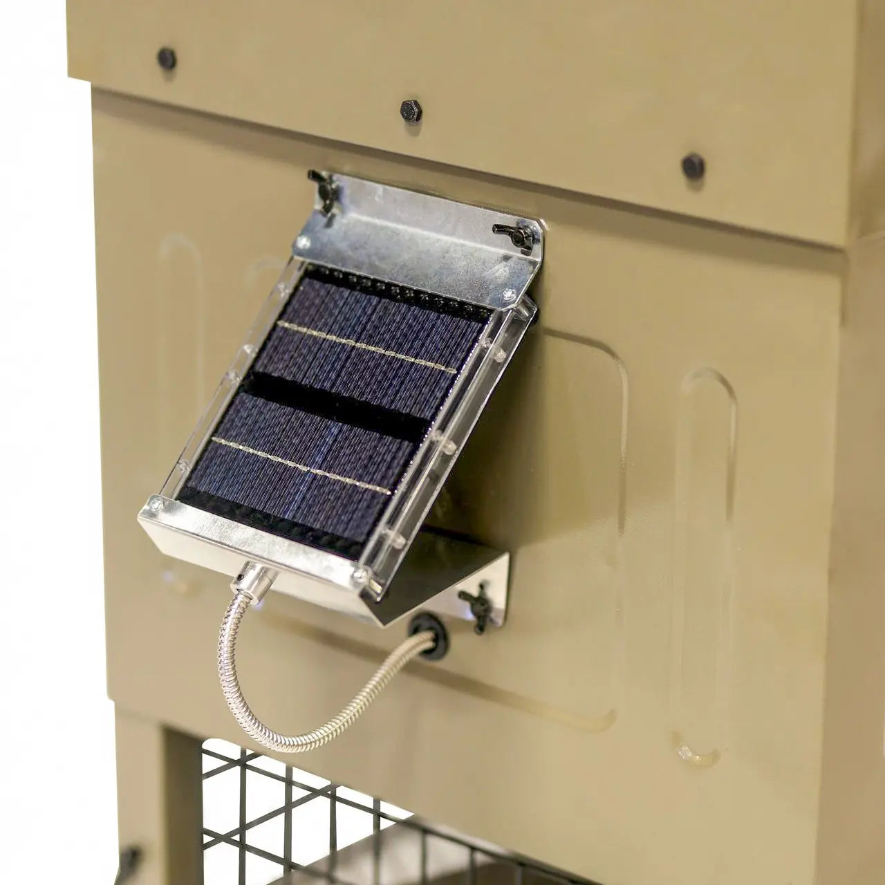 Boss Buck 300lb Stand & Fill Automatic Sled Deer Feeder close-up of solar panel and timer system — efficient deer feeder setup with durable electronics housing.