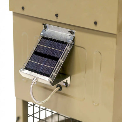 Boss Buck 300lb Stand & Fill Automatic Sled Deer Feeder close-up of solar panel and timer system — efficient deer feeder setup with durable electronics housing.