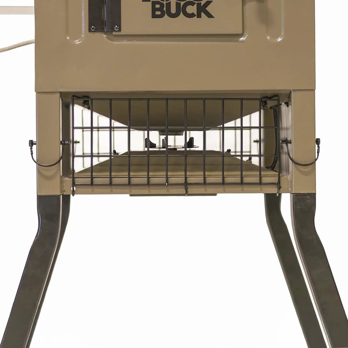 Boss Buck 300lb Stand & Fill Automatic Sled Deer Feeder on white background — tan rotomolded plastic hopper with steel sled base, easy top-fill lid, and digital timer system.