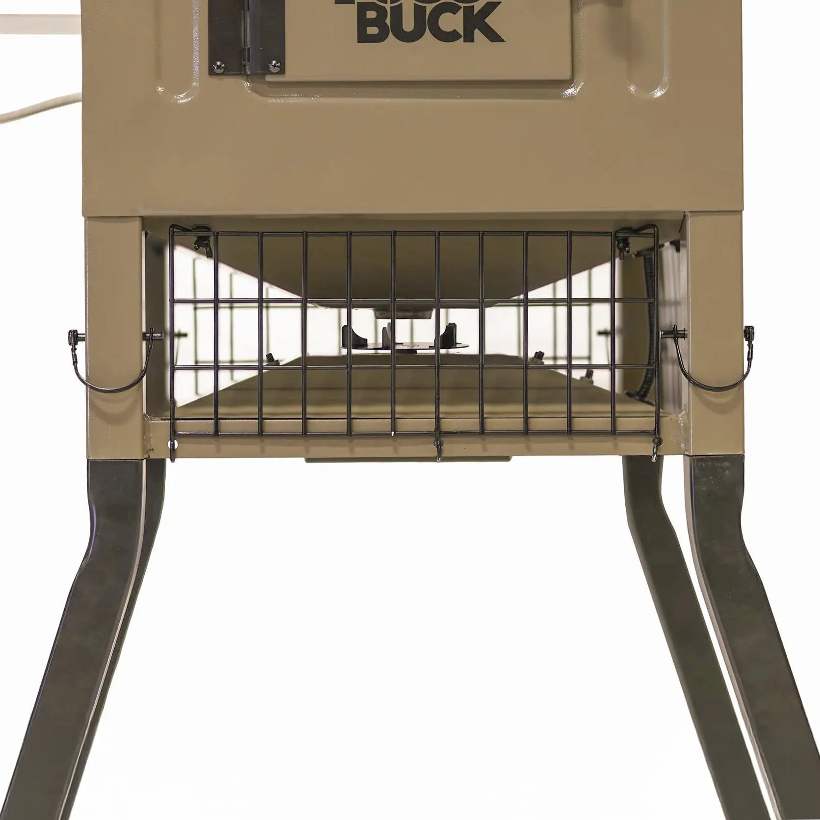Boss Buck 300lb Stand & Fill Automatic Sled Deer Feeder on white background — tan rotomolded plastic hopper with steel sled base, easy top-fill lid, and digital timer system.