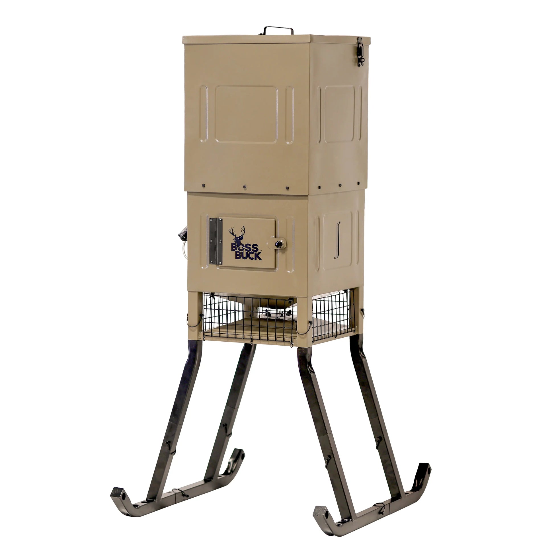 Boss Buck 300lb Stand & Fill Automatic Sled Deer Feeder on white background — compact tan rotomolded feeder with skid base and 12-volt automatic spinner for deer feeding.