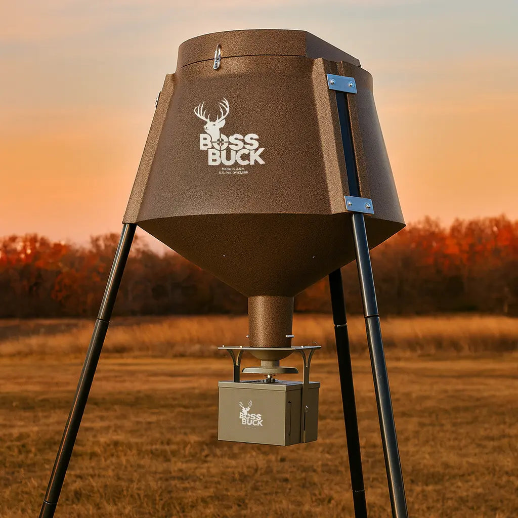 Boss Buck 350 lb Automatic Deer Feeder in open field at sunset — brown rotomolded hopper on tripod frame with 12-volt spinner system for wildlife management.