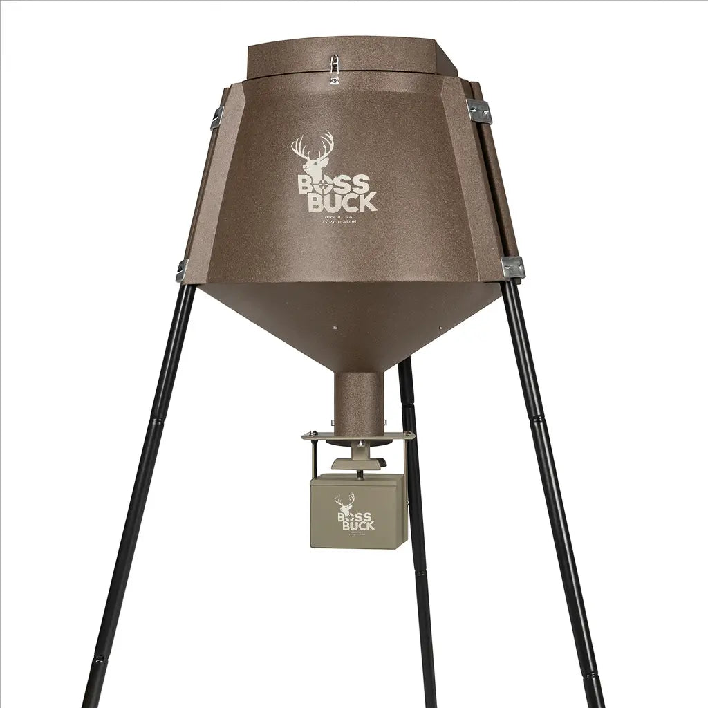 Boss Buck 350 lb Automatic Deer Feeder front view — durable brown plastic hopper on steel tripod legs with weatherproof spinner system for timed corn distribution.