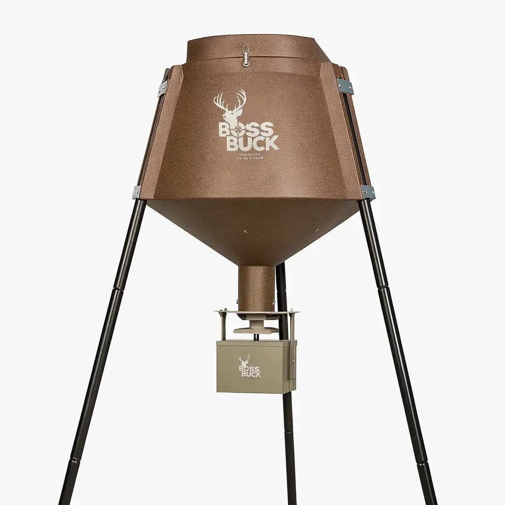 Boss Buck 350 lb Automatic Deer Feeder on white background — compact brown rotomolded feeder with tripod stand, 12-volt digital timer, and spinner plate for deer feeding.