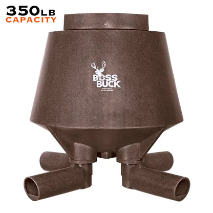Boss Buck 350lb Post-Mounted Deer Feeder with brown rotomolded plastic hopper, gravity feed head, and 4x4 post sleeve — durable wildlife feeder for whitetail deer feeding setups.