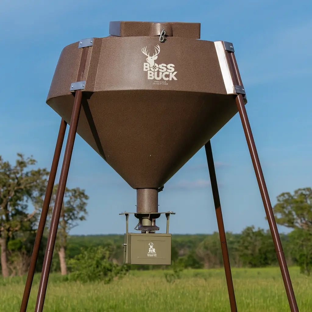Boss Buck 600 lb Automatic Deer Feeder in grassy landscape — brown plastic feeder on three-leg steel frame with digital timer and spinner plate for wildlife feed control.