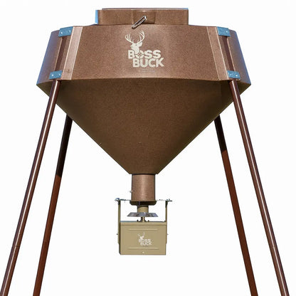 Boss Buck 600 lb Automatic Deer Feeder shown in profile view — heavy-duty brown feeder with digital control box and spinner mechanism for timed corn distribution.