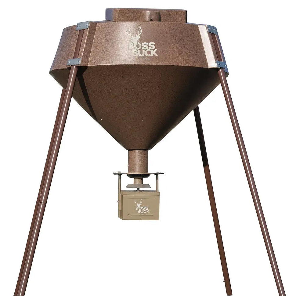 Boss Buck 600 lb Automatic Deer Feeder on white background — durable brown rotomolded feeder with 12-volt timer, spinner plate, and three-leg steel stand.