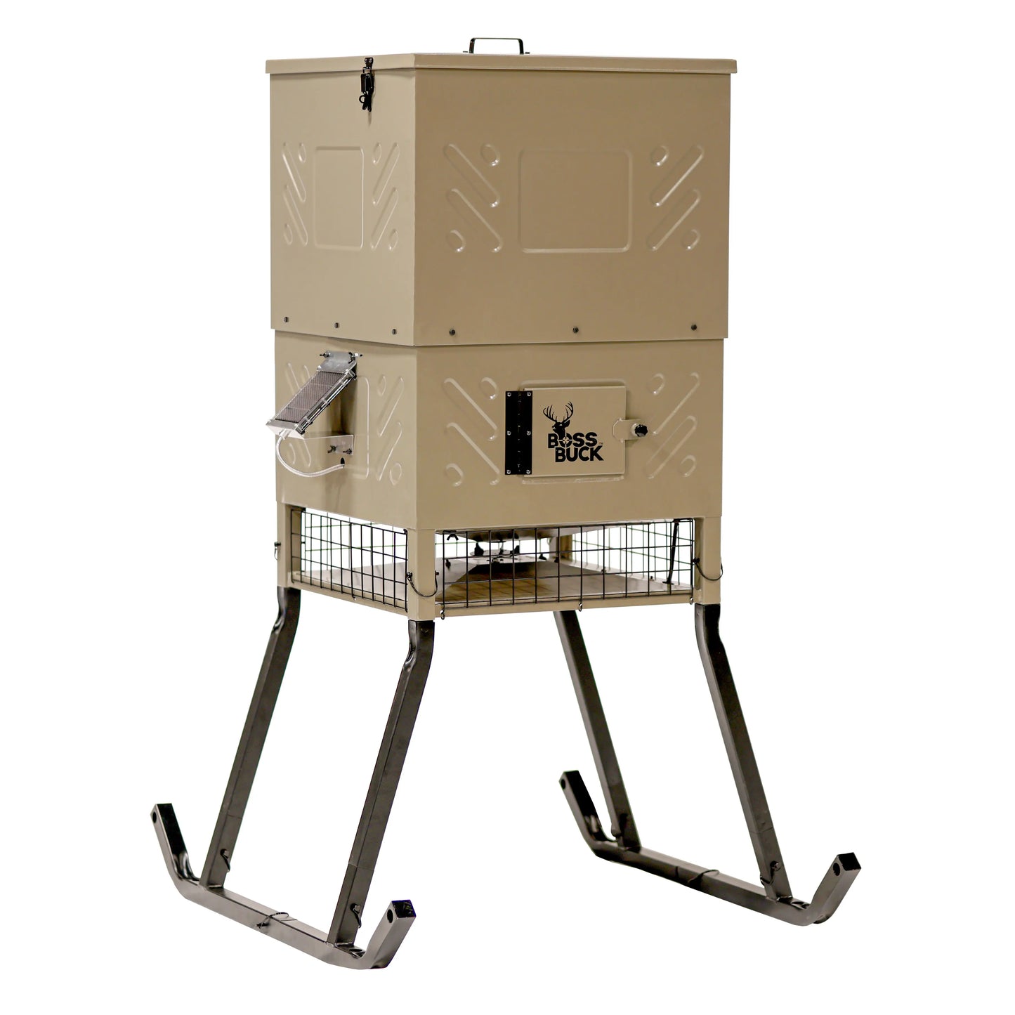 Boss Buck 600lb Stand & Fill Automatic Sled Deer Feeder on white background — tan rotomolded feeder with steel sled base, 12-volt timer system, and easy top-fill lid for deer feeding.