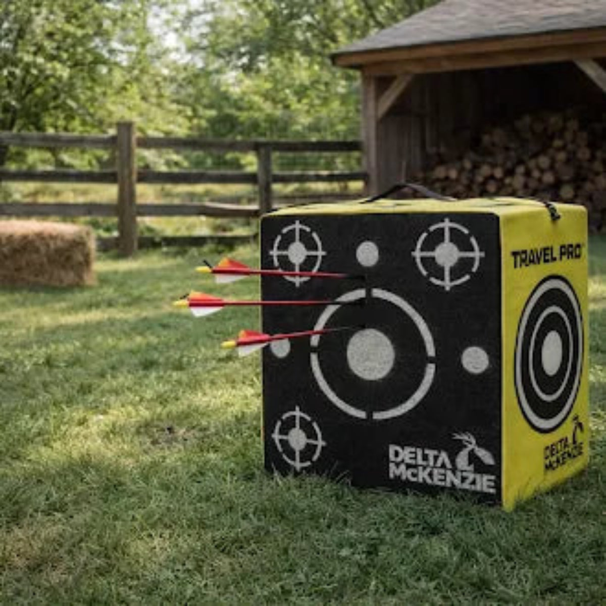 Delta McKenzie Travel Pro archery target with arrows embedded in it on grass