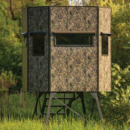 G74: Texas Hunter Wrangler Octagon Shaped Camo Aluminum 5' x 7' Deer Blind with 4' Tower and Full Door, Stairs and Handrails