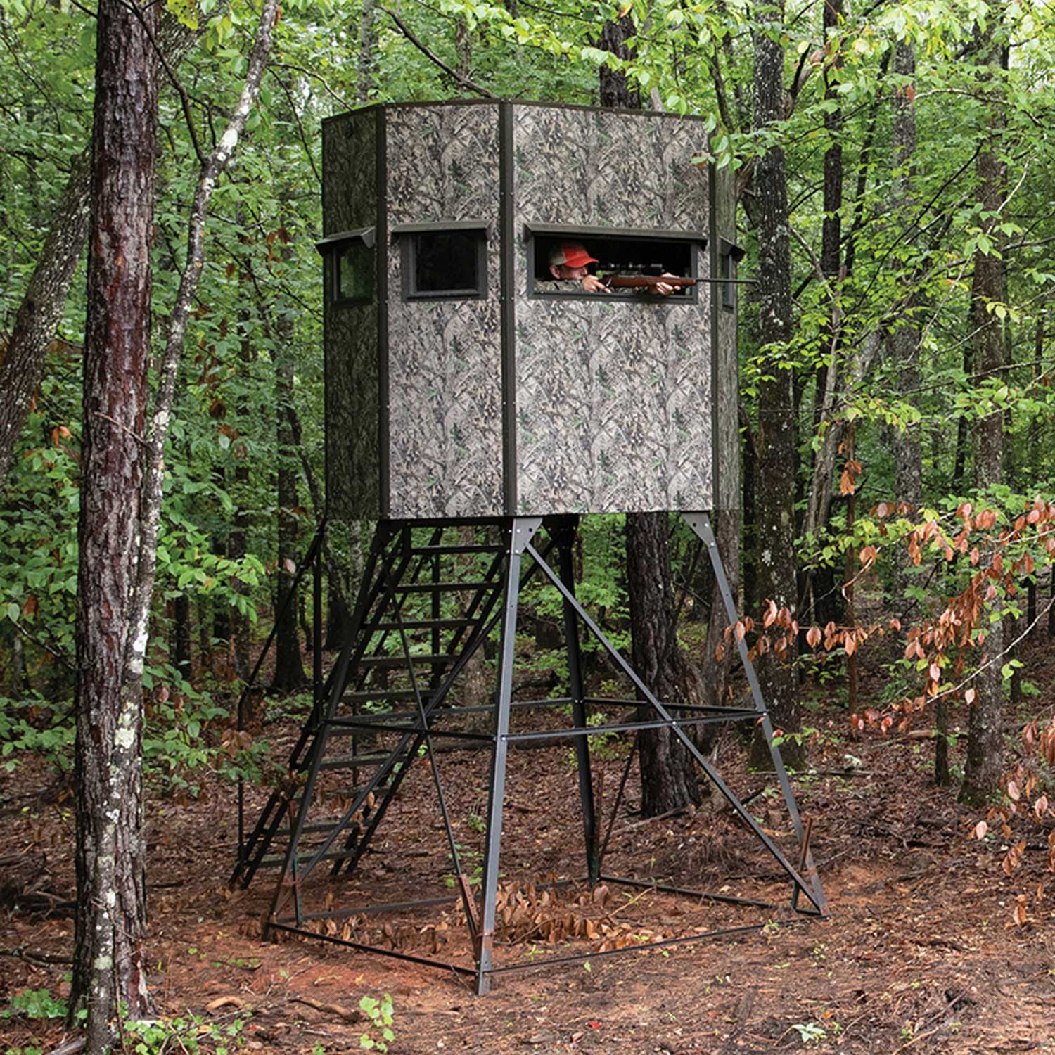 G78R: Texas Hunter Wrangler Rifle Octagon Shaped Camo Aluminum 5' x 7' Deer Blind with 8' Tower, Full Door, Stairs and Handrails