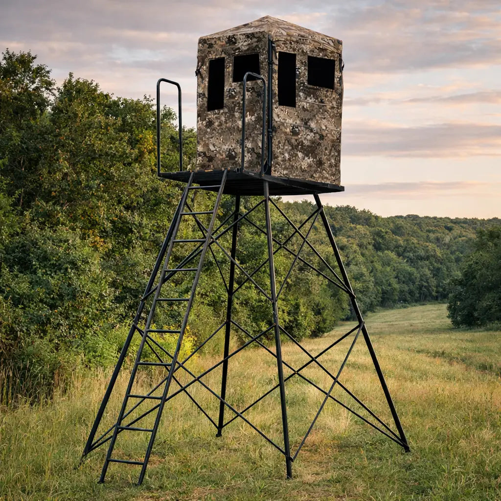 Hawk Scout 10-foot elevated hunting tower with blind installed, tall tower blind setup for extended visibility