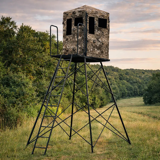 Hawk Scout 10-foot elevated hunting tower with blind installed, tall tower blind setup for extended visibility