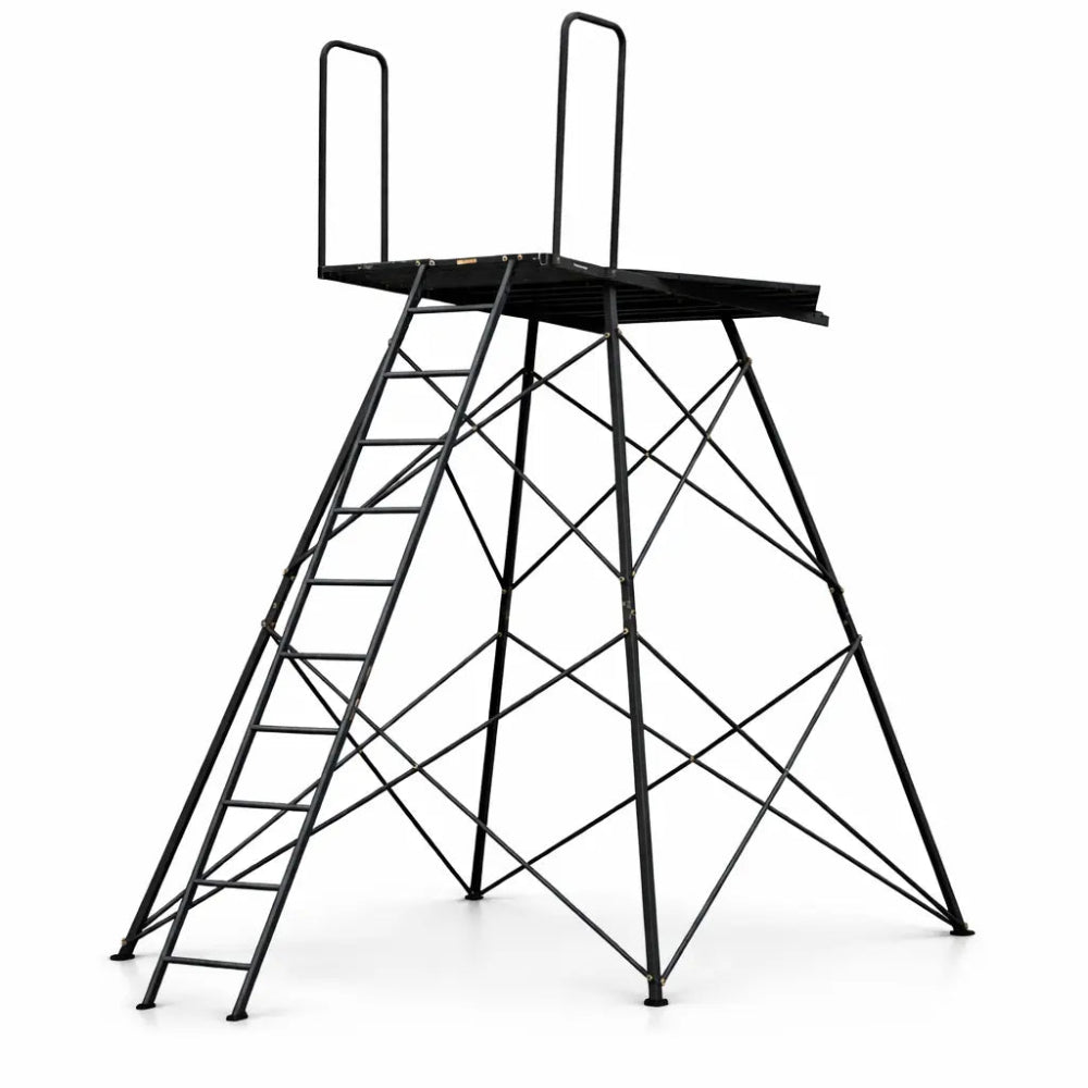 Hawk Warrior 10-foot hunting tower frame and ladder system, steel support structure for elevated blinds shown on white background