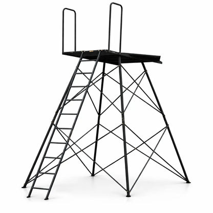 Hawk Warrior 10-foot hunting tower frame and ladder system, steel support structure for elevated blinds shown on white background