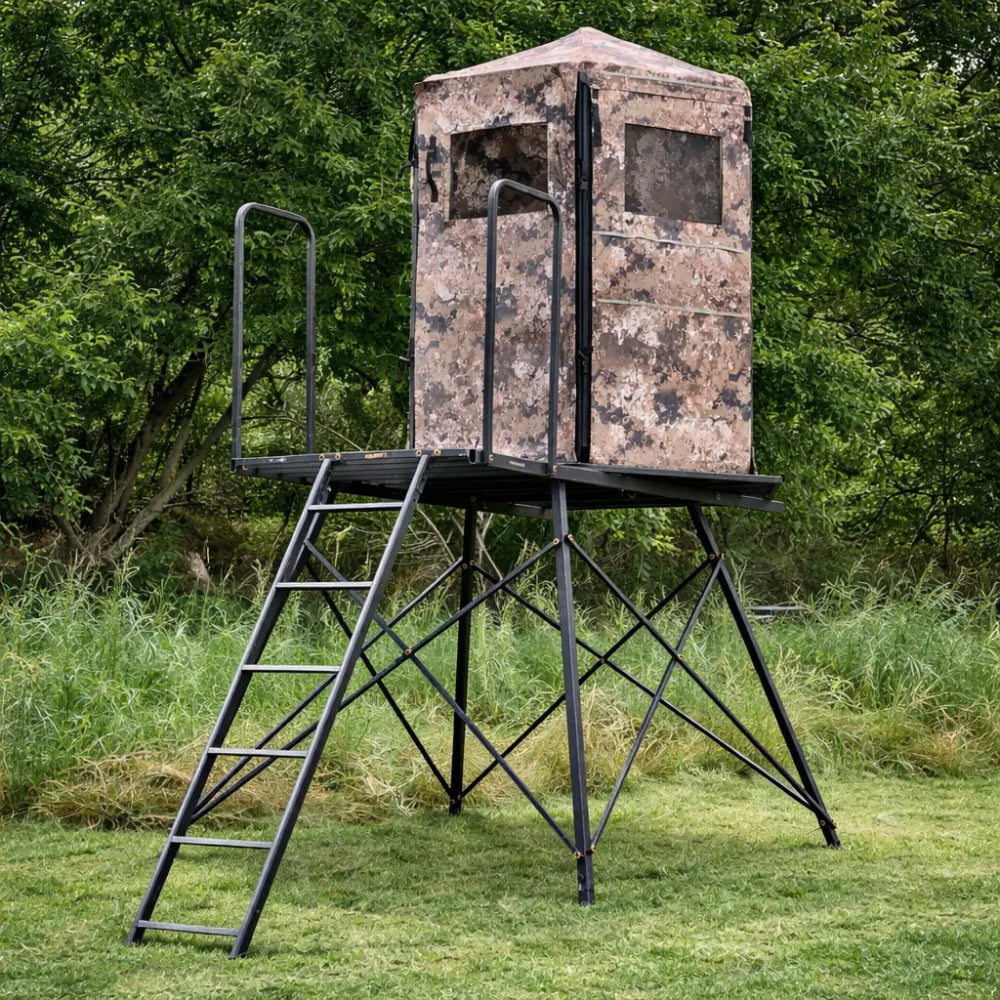 Hawk Scout hunting blind installed on 5-foot elevated tower, steel tower setup for ground visibility
