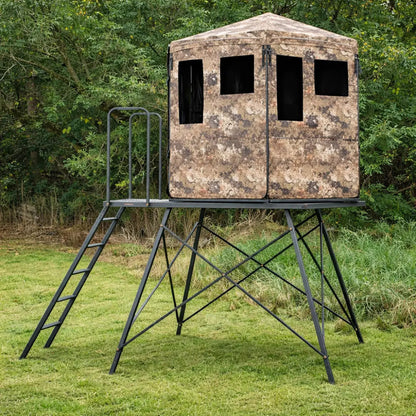 Hawk Warrior hunting blind mounted on 5-foot elevated tower, compact tower blind setup for deer hunting