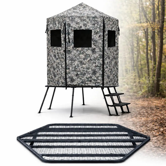 Hawk Scout elevated hunting blind set up in wooded environment, tower blind with floor platform