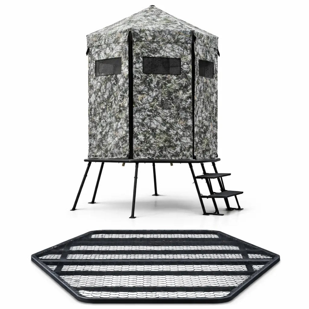 Hawk Scout tower hunting blind front view showing blind, platform, and ladder structure