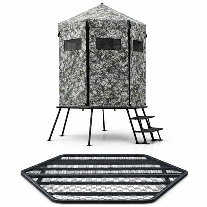 Hawk Scout tower hunting blind front view showing blind, platform, and ladder structure