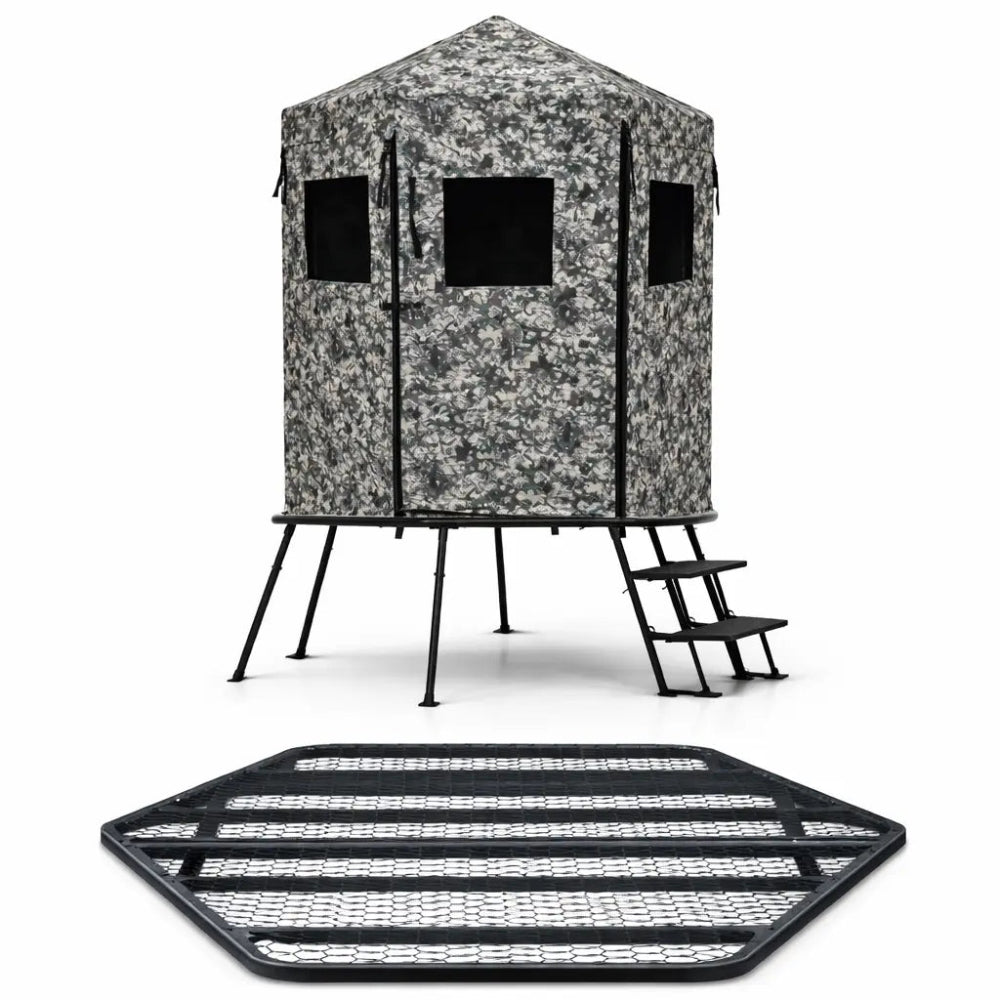 Hawk Scout elevated hunting blind with metal tower and floor system, full product view