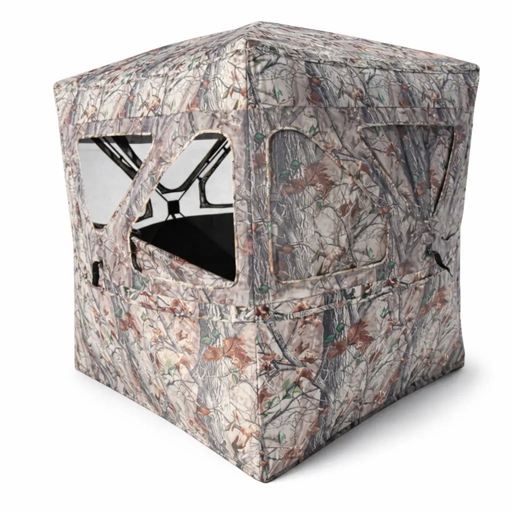 Muddy Epic Camo Infinity ground hunting blind angled exterior view showing camo pattern