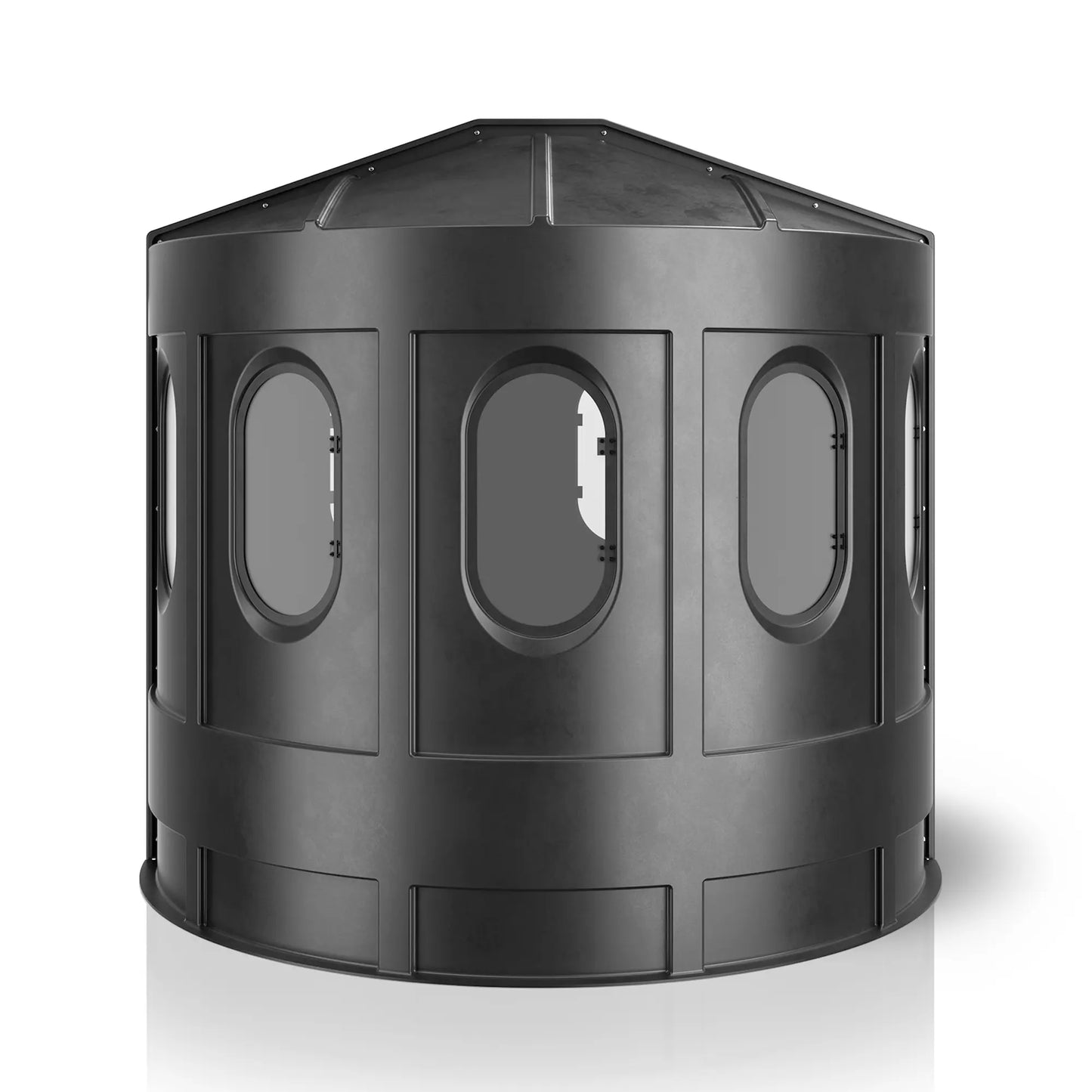 Maverick XL black deer hunting blind rear view with clear windows, all-around visibility ground blind sold by Outdoors For Less