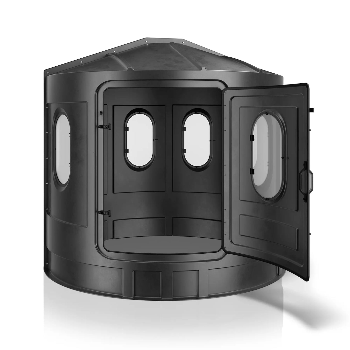 Maverick XL black deer hunting blind with front door open and clear windows, interior access view sold by Outdoors For Less