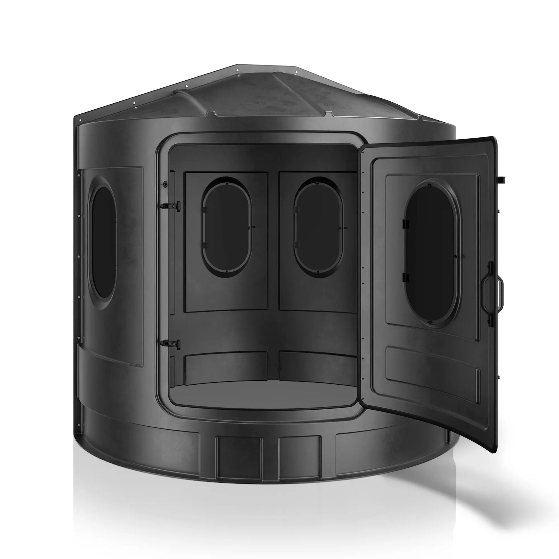 Maverick XL black deer hunting blind with front door open and tinted windows, easy-access ground blind sold by Outdoors For Less