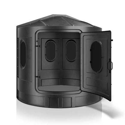 Maverick XL black deer hunting blind with front door open and tinted windows, easy-access ground blind sold by Outdoors For Less