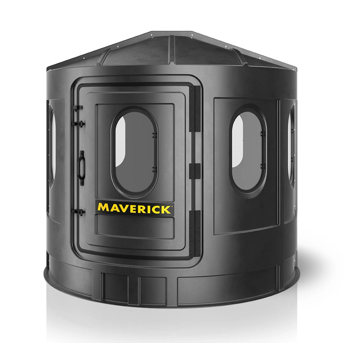 Maverick XL black deer hunting blind front view with clear windows, wide visibility ground blind sold by Outdoors For Less