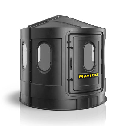Maverick XL black deer hunting blind left side view with clear windows, spacious ground blind sold by Outdoors For Less
