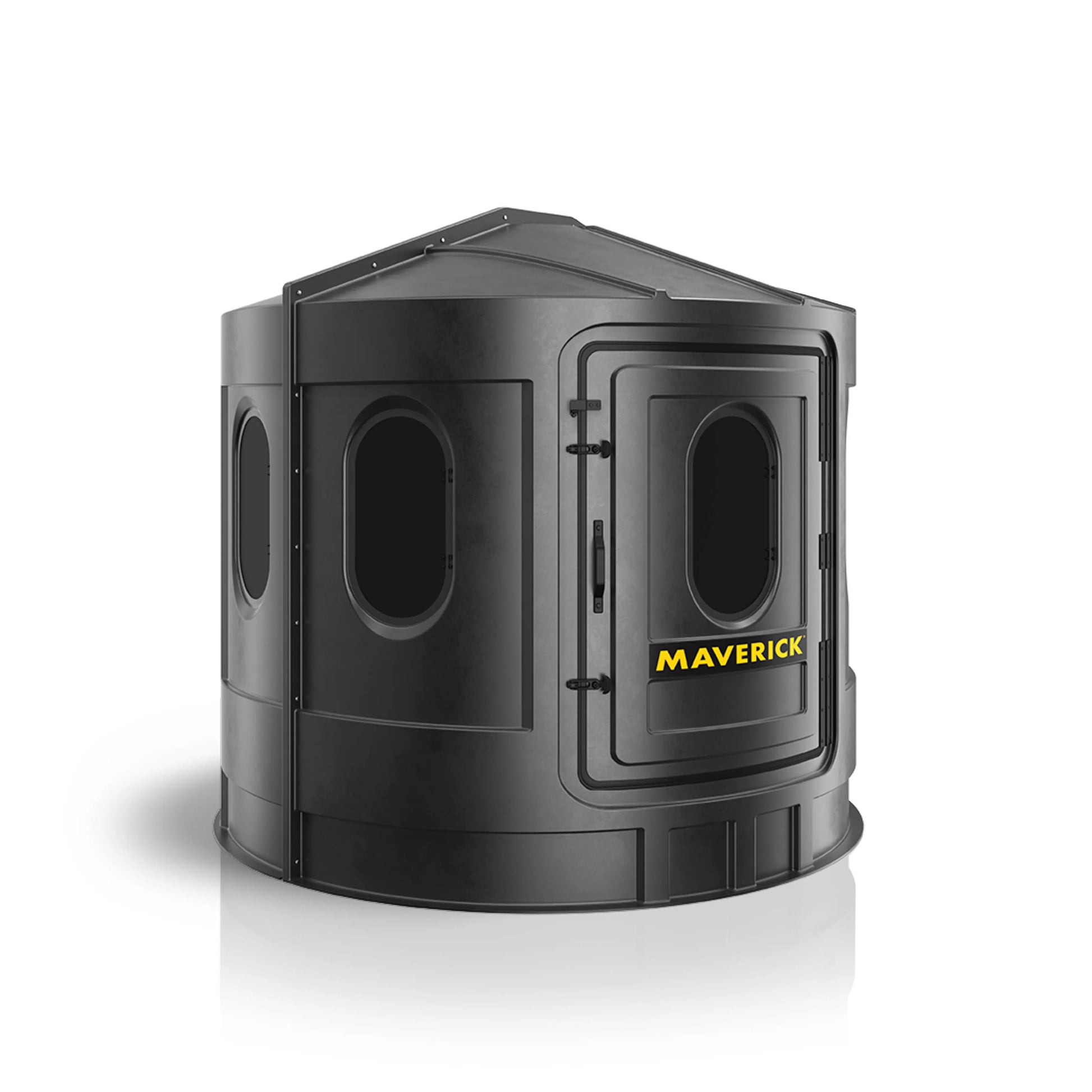 Maverick XL black deer hunting blind left side view with tinted windows, low-visibility ground blind sold by Outdoors For Less