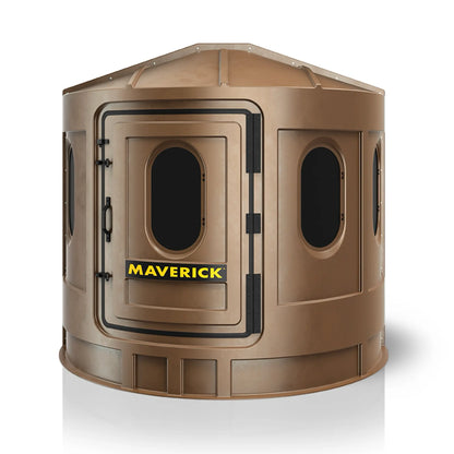 Maverick XL brown deer hunting blind front view with tinted windows, concealment-focused ground blind sold by Outdoors For Less