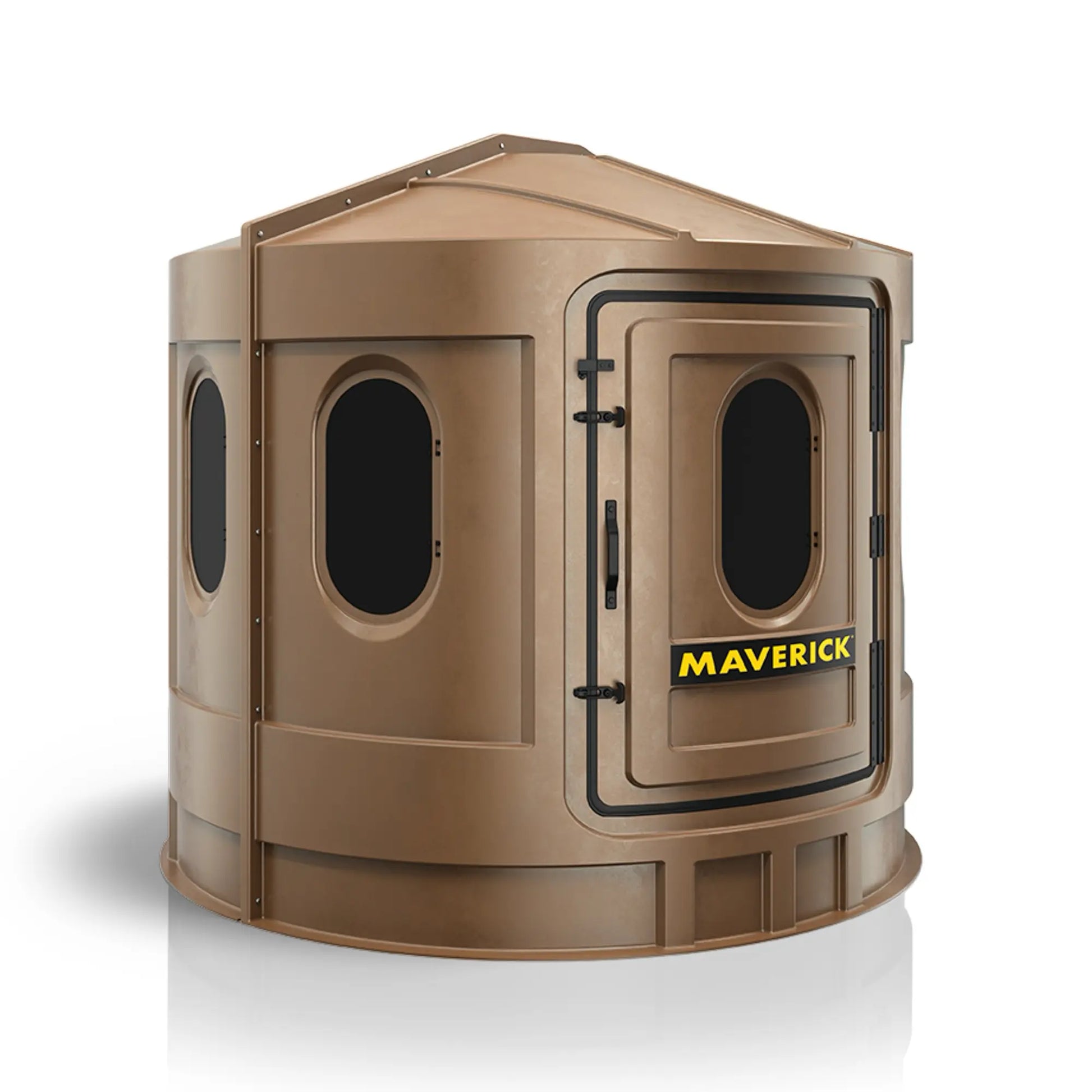 Maverick XL brown deer hunting blind left side view with tinted windows, low-visibility ground blind sold by Outdoors For Less